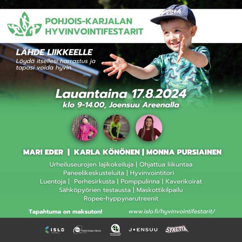 Hyvinvointifestarit Joensuun Areenassa 17.8.24     kello 900-1400